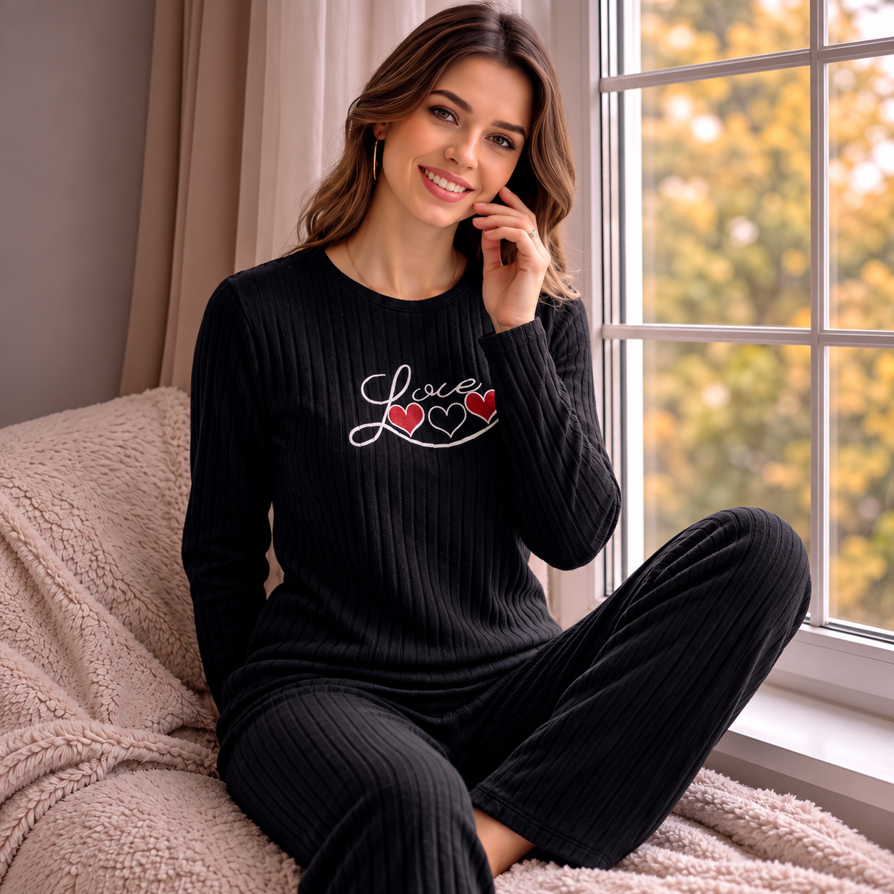 بجامة نسائية قطيفة بسن عريض طولي – أسود بطبعة قلوب Love