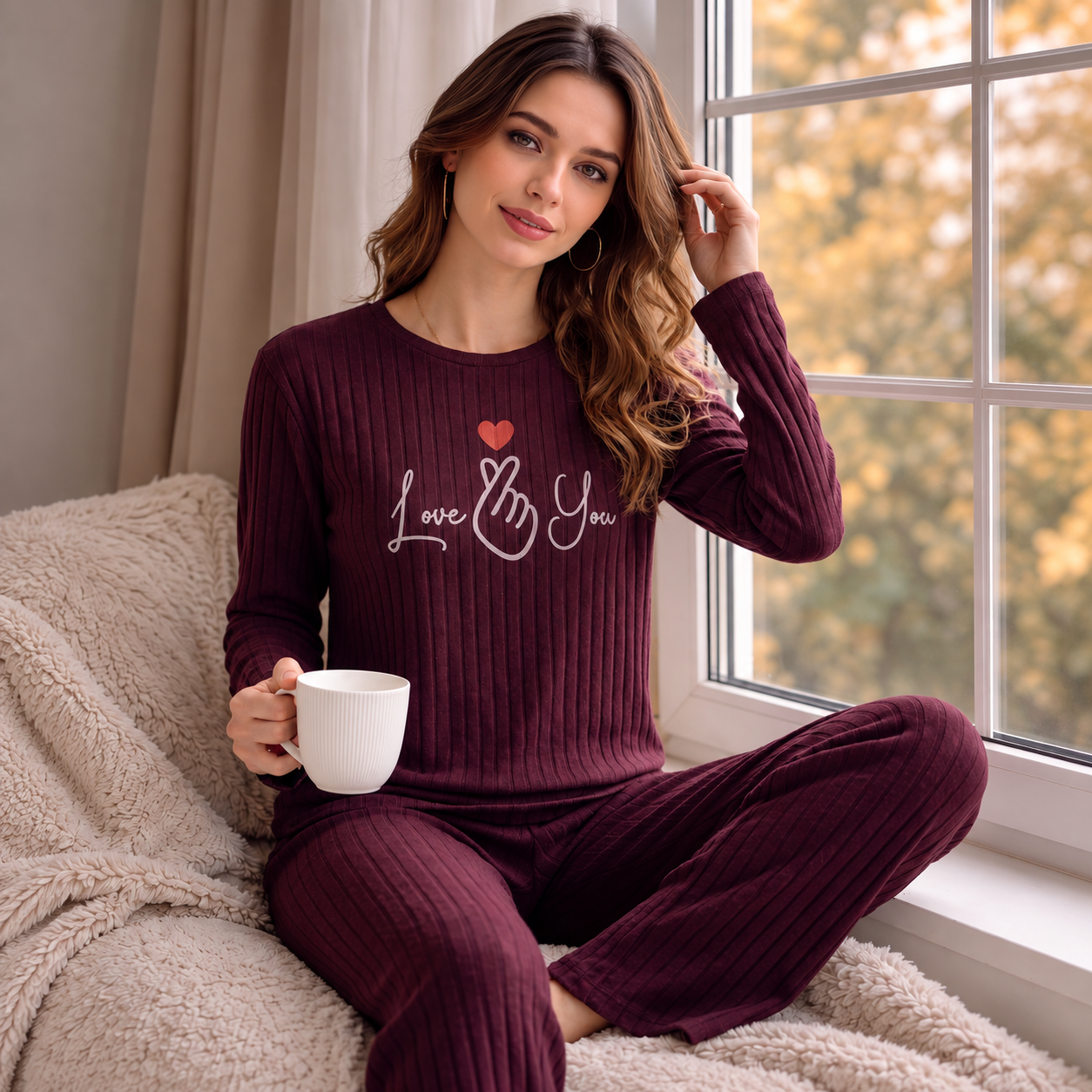 بجامة نسائية قطيفة بسن عريض طولي – عنابي بطبعة Love You